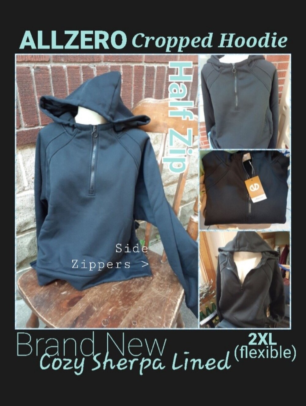 ALLZERO Women's Cropped Sherpa Hoodie Quarter - Half Zipper Black 2XL